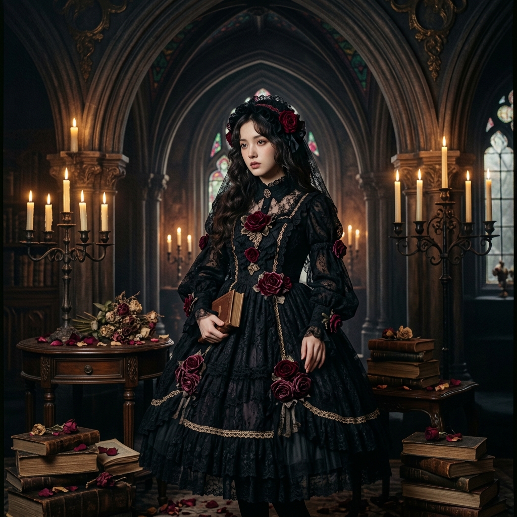 Gothic Lolita dark florals lookbook editorial with roses and lace