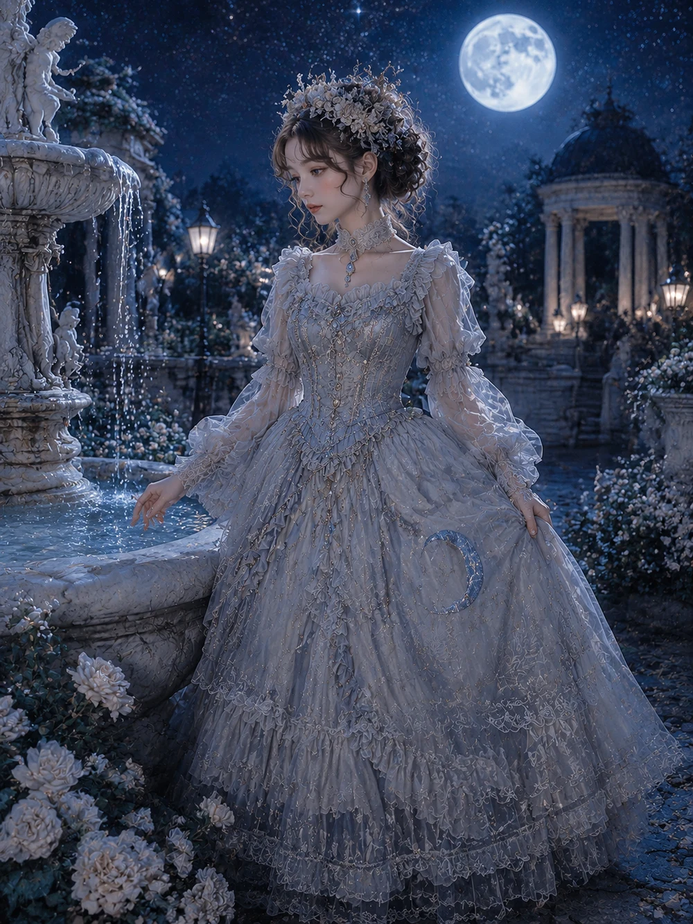 Moonlit Fountain Blue Hime Lolita OP dress with silver lace, moon motif and princess garden styling