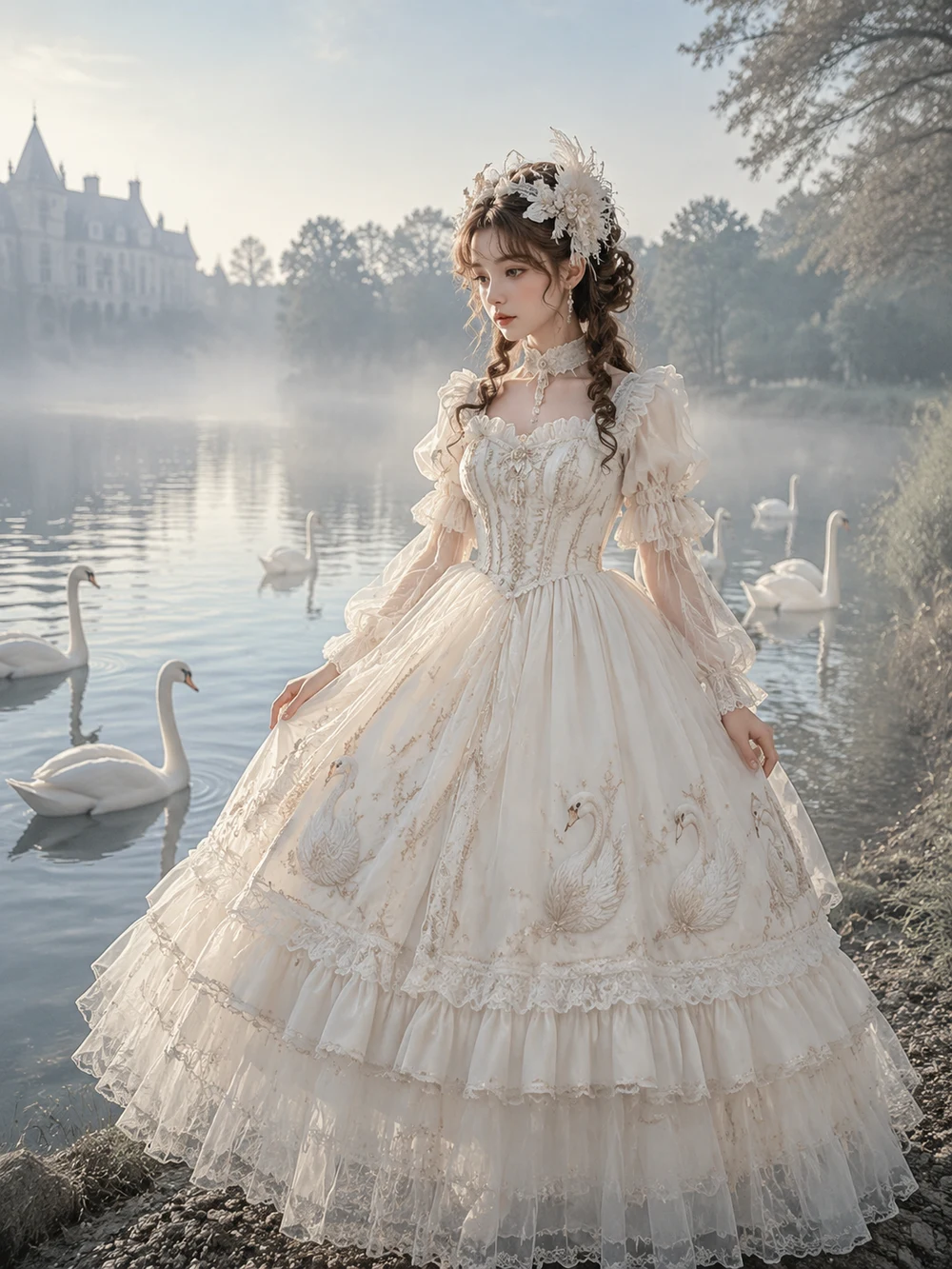 Swan Lake Ivory Hime Lolita OP dress with white lace, swan motif and lakeside princess styling