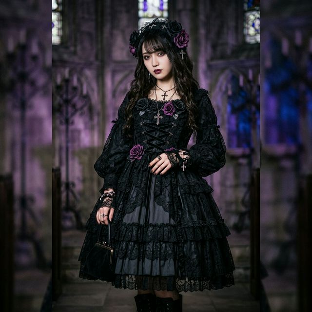 Gothic Lolita dark elegant black lace dress