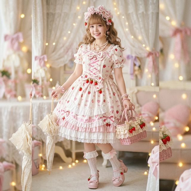 Sweet Lolita pastel pink frilly dress with bows