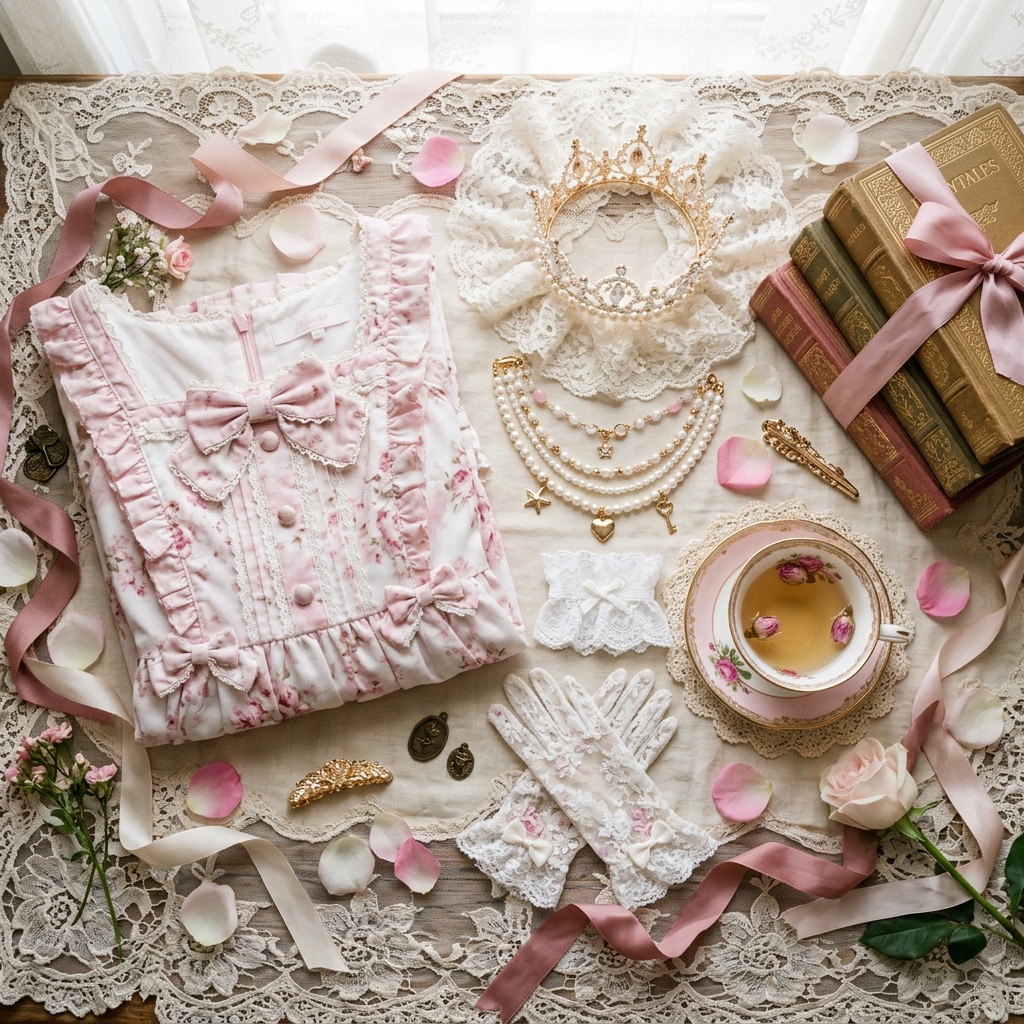 Lolita fashion accessories flat lay with dress, pearls, crown headdress, and roses