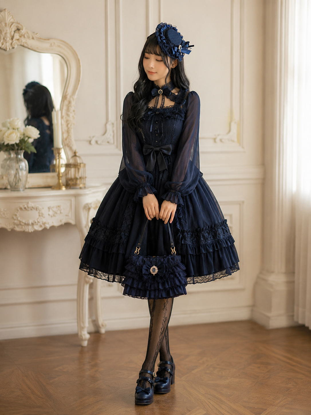 Navy Blue Rose Lolita Headdress with Lace Veil | Side Angle View | Aurora Lolita Navy Blue Rose Lolita Headdress with Lace Veil - side angle view for Gothic / Classic Lolita coords