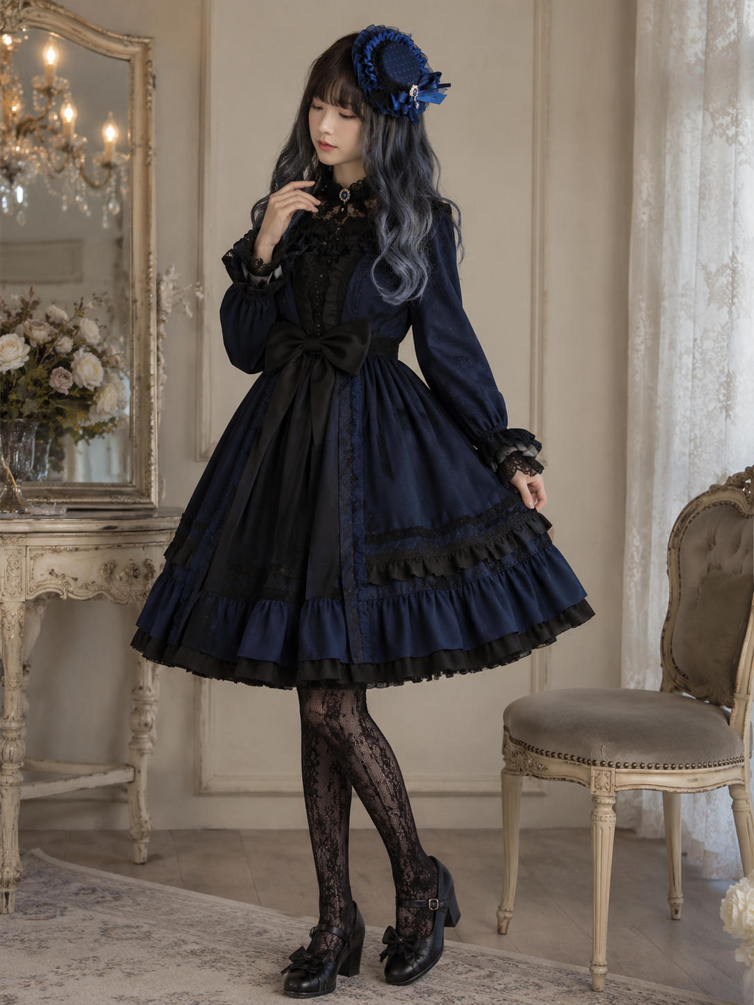 Navy Blue Rose Lolita Headdress with Lace Veil | Back Or Strap Detail View | Aurora Lolita Navy Blue Rose Lolita Headdress with Lace Veil - back or strap detail view for Gothic / Classic Lolita coords