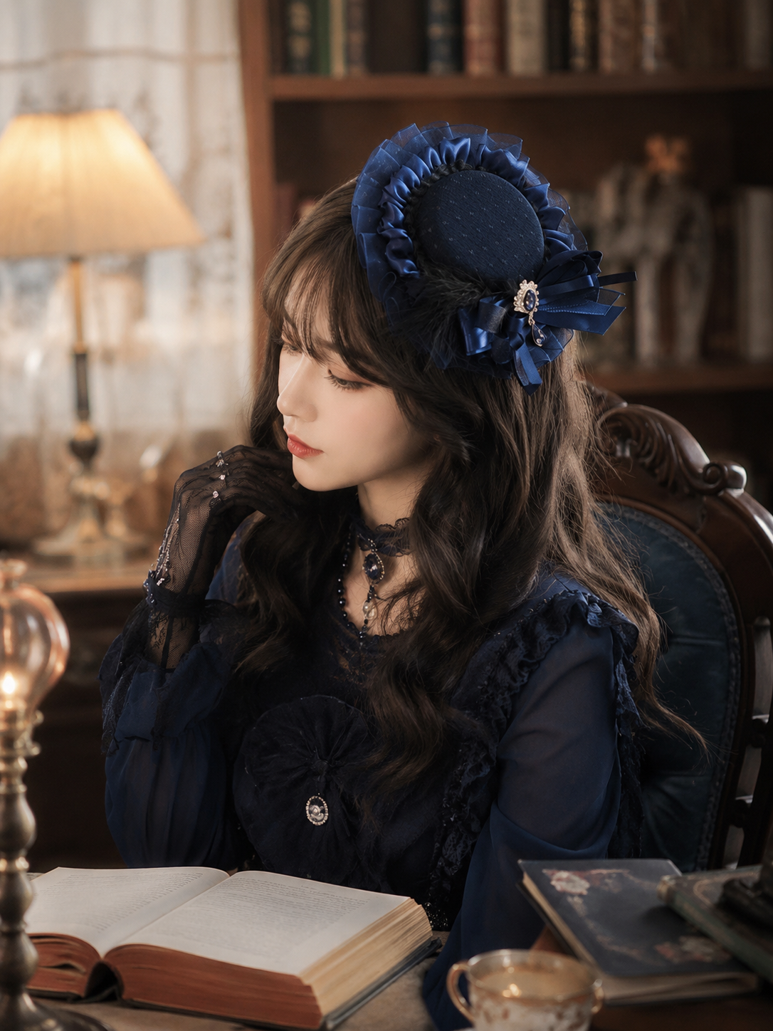 Navy Blue Rose Lolita Headdress with Lace Veil | Alternate Gallery View | Aurora Lolita Navy Blue Rose Lolita Headdress with Lace Veil - alternate gallery view for Gothic / Classic Lolita coords