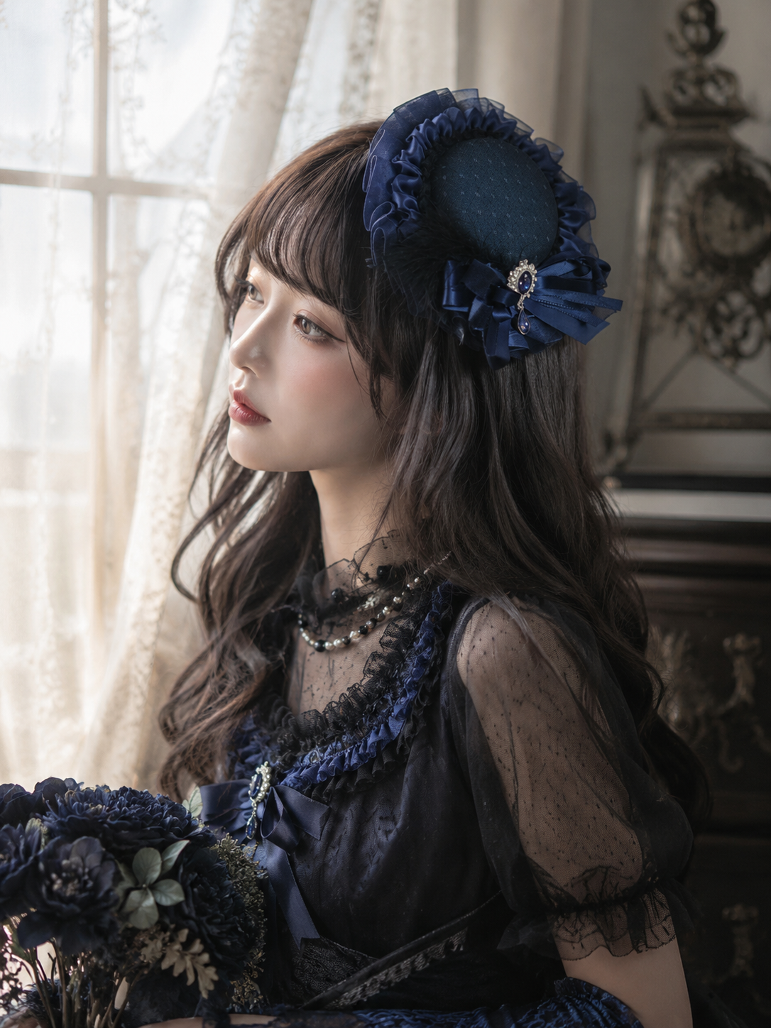Navy Blue Rose Lolita Headdress with Lace Veil | Wearing Scale View | Aurora Lolita Navy Blue Rose Lolita Headdress with Lace Veil - wearing scale view for Gothic / Classic Lolita coords