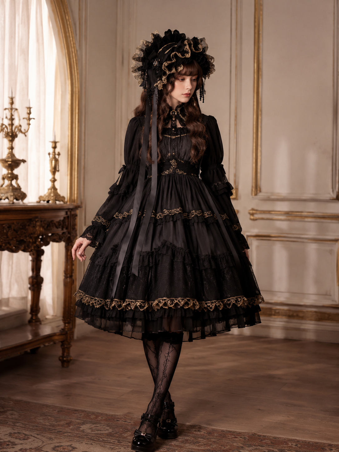 Black Gothic Rose Lolita Headdress with Veil | Front Styling View | Aurora Lolita Black Gothic Rose Lolita Headdress with Veil - front styling view for Gothic Lolita coords