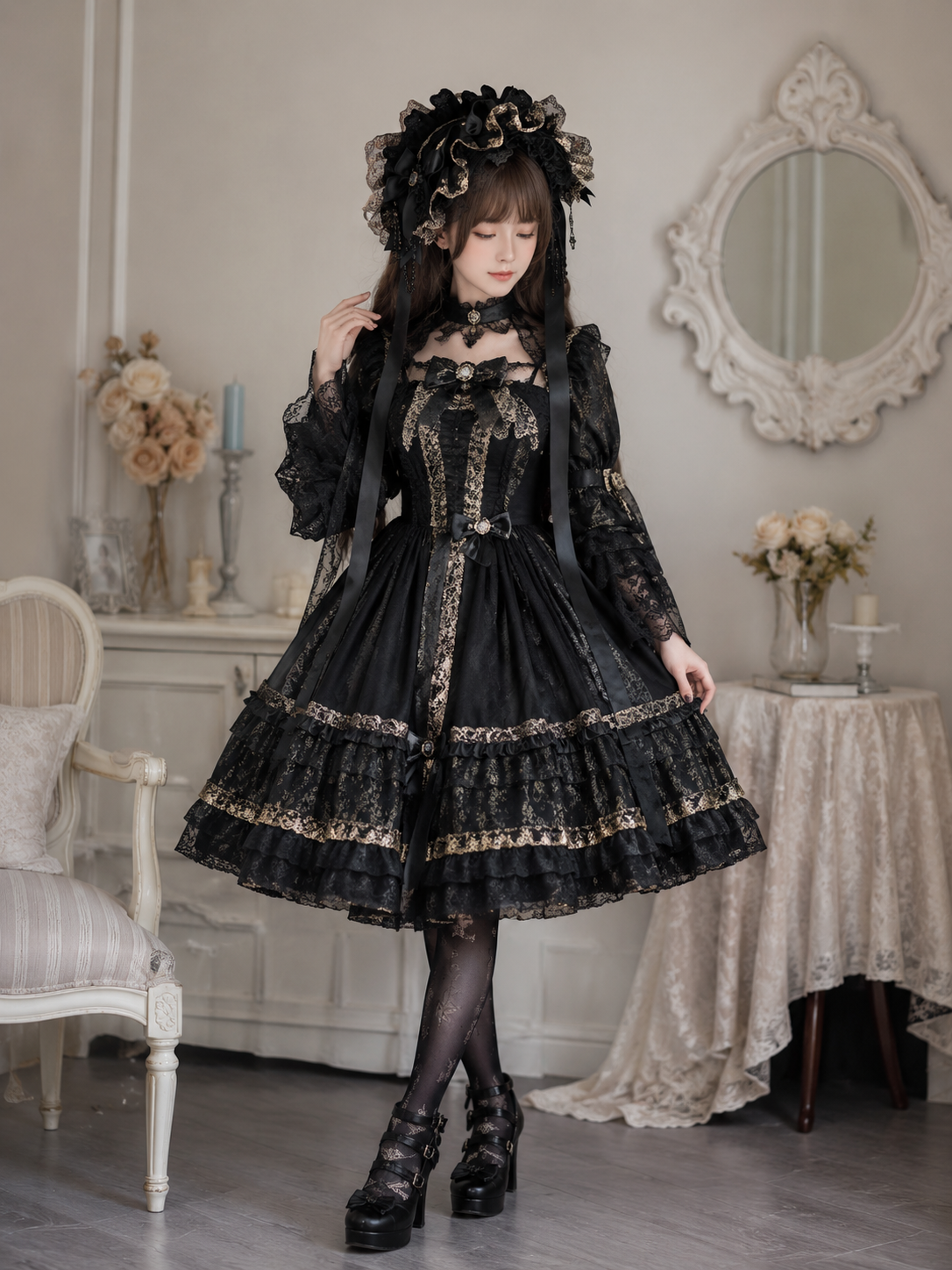 Black Gothic Rose Lolita Headdress with Veil | Side Angle View | Aurora Lolita Black Gothic Rose Lolita Headdress with Veil - side angle view for Gothic Lolita coords