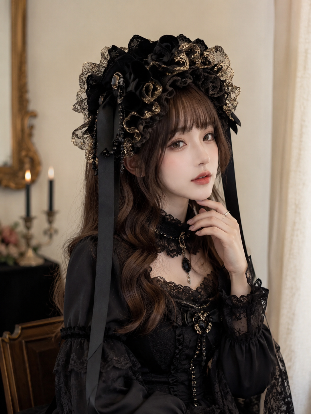 Black Gothic Rose Lolita Headdress with Veil | Wearing Scale View | Aurora Lolita Black Gothic Rose Lolita Headdress with Veil - wearing scale view for Gothic Lolita coords