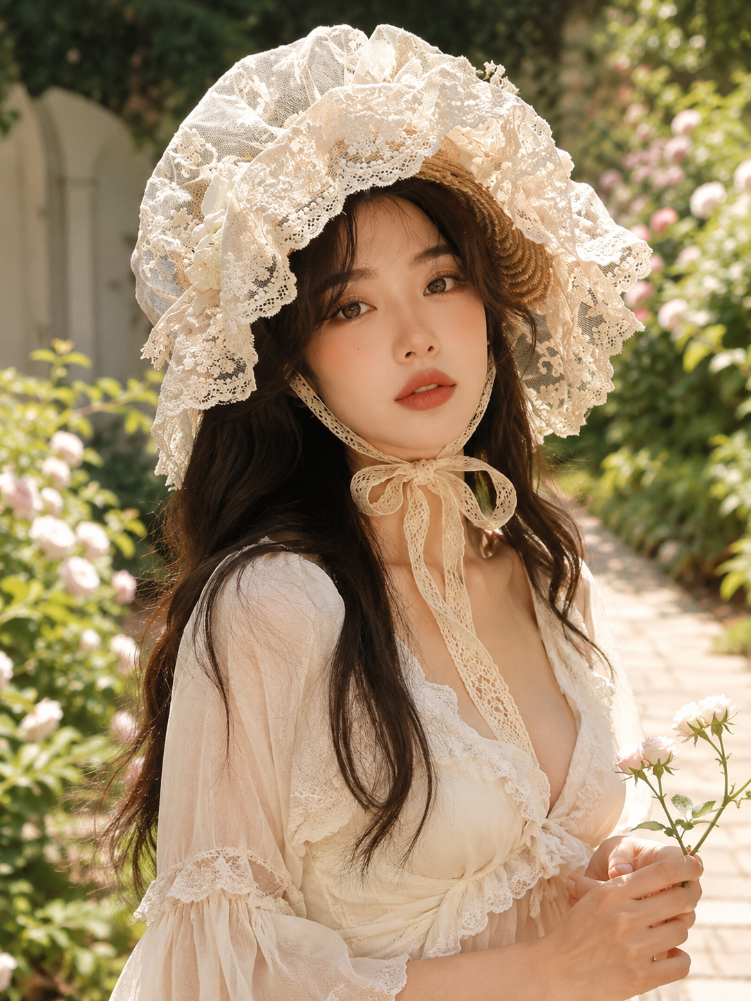 Ivory Lace Lolita Bonnet with Ribbon Ties - front styling view for Classic / Sweet Lolita coords