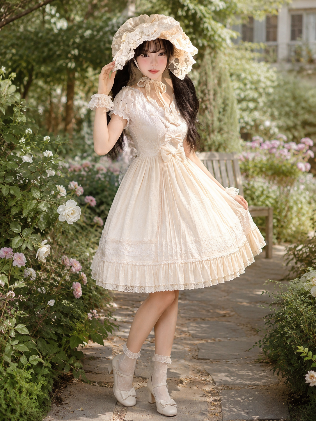 Ivory Lace Lolita Bonnet with Ribbon Ties - alternate gallery view for Classic / Sweet Lolita coords