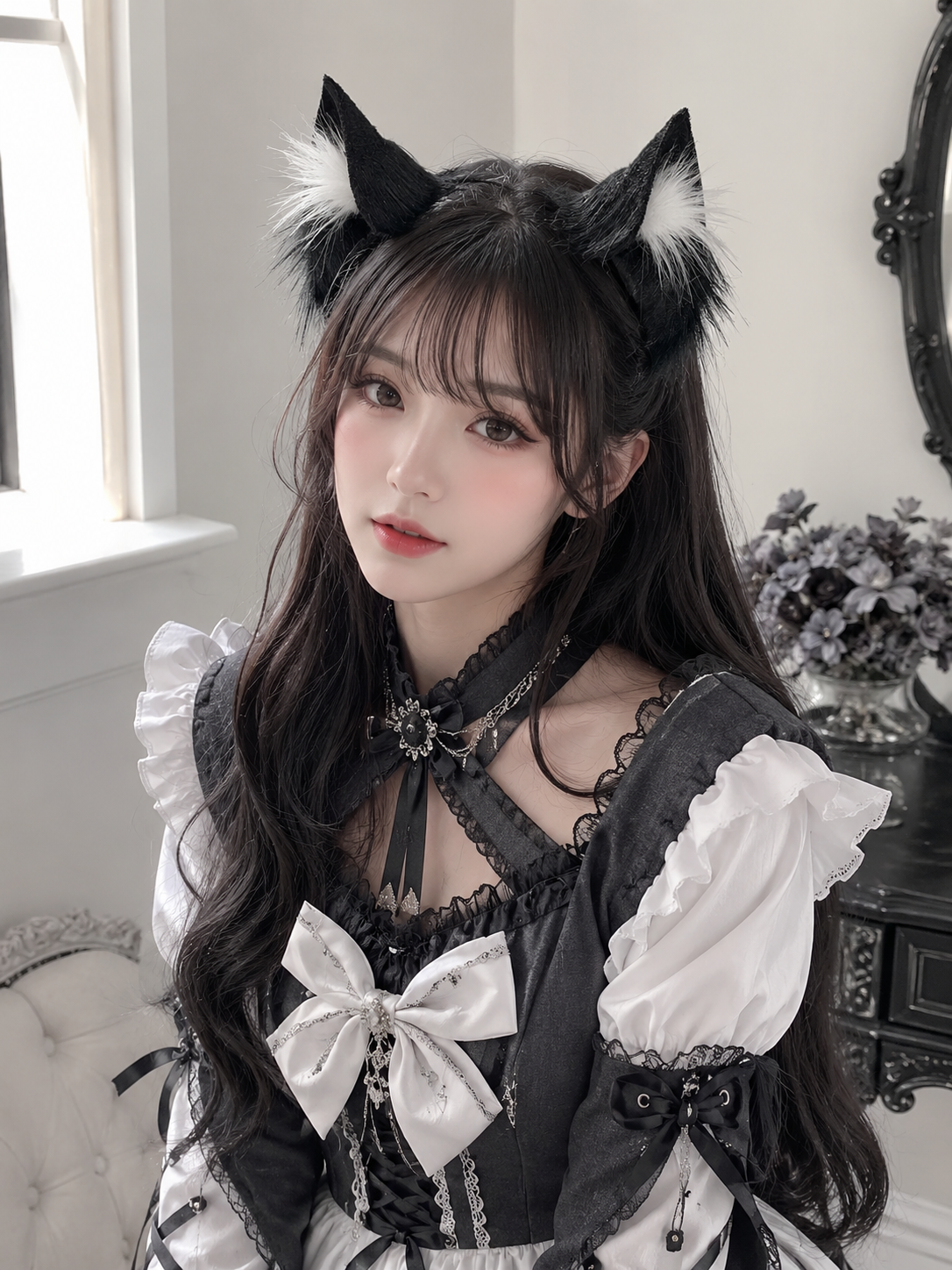 Black Cat Ear Lolita Headdress with Lace Bow - main product view for Kawaii / Gothic Lolita coords