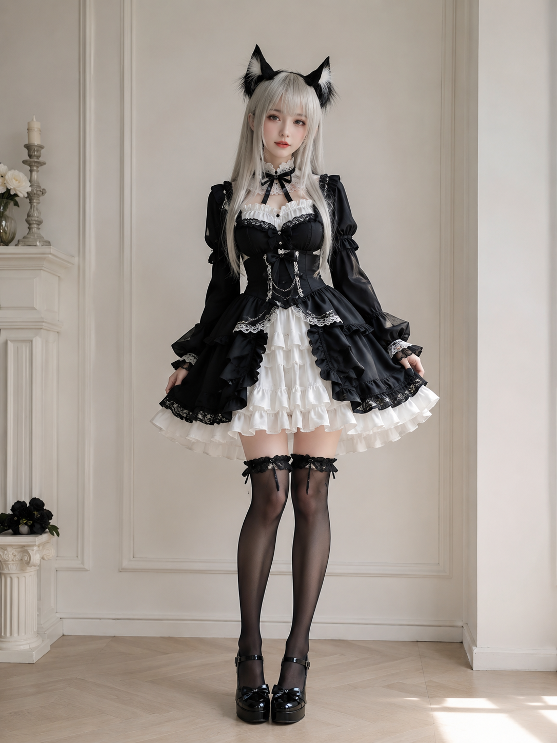 Black Cat Ear Lolita Headdress with Lace Bow | Side Angle View | Aurora Lolita Black Cat Ear Lolita Headdress with Lace Bow - side angle view for Kawaii / Gothic Lolita coords