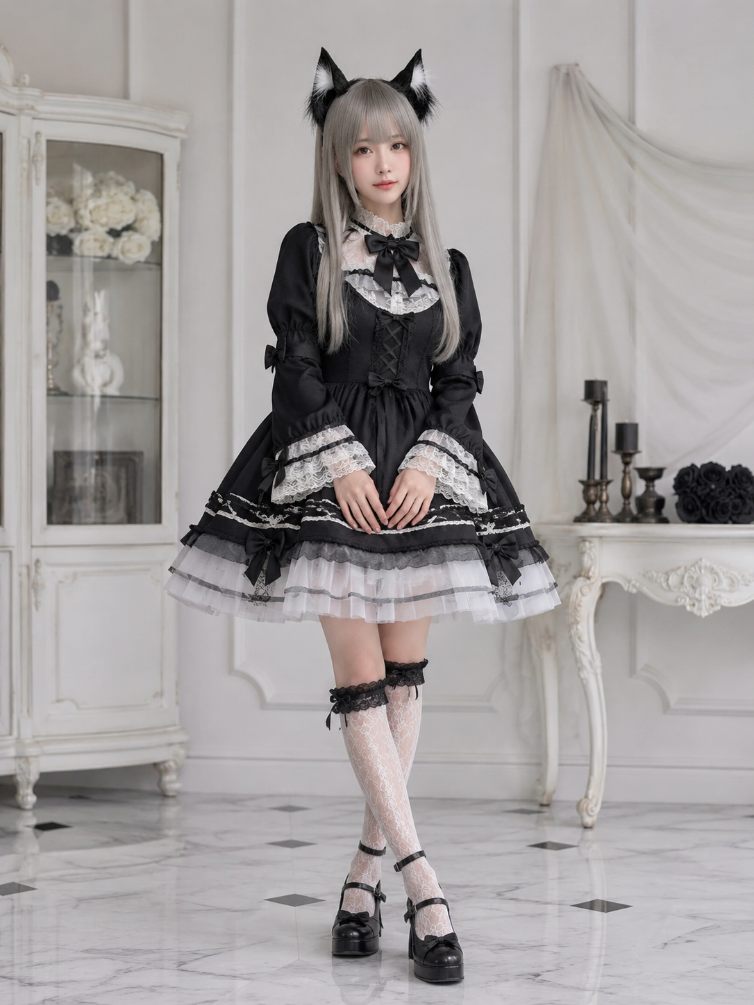 Black Cat Ear Lolita Headdress with Lace Bow | Wearing Scale View | Aurora Lolita Black Cat Ear Lolita Headdress with Lace Bow - wearing scale view for Kawaii / Gothic Lolita coords