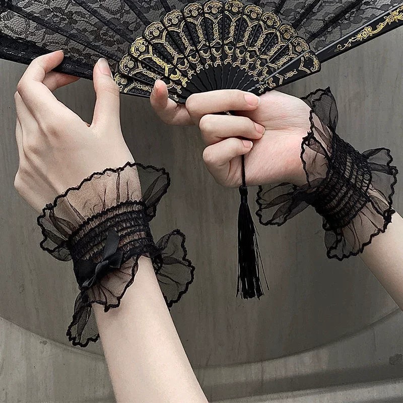 Lace Lolita Wrist Cuffs with Ruffle Trim - main product view for Classic / Sweet Lolita coords