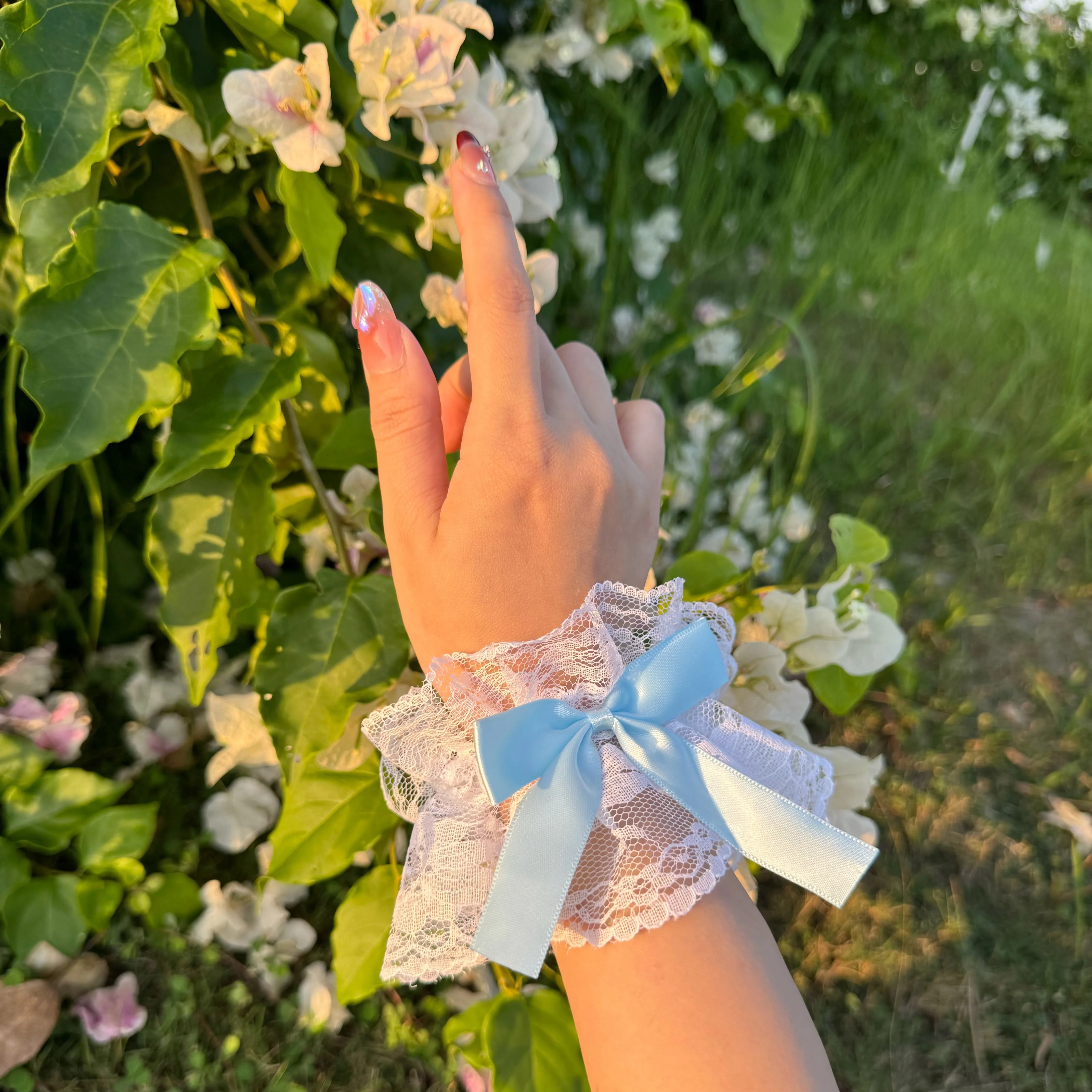 Lace Lolita Wrist Cuffs with Ruffle Trim | Side Angle View | Aurora Lolita Lace Lolita Wrist Cuffs with Ruffle Trim - side angle view for Classic / Sweet Lolita coords