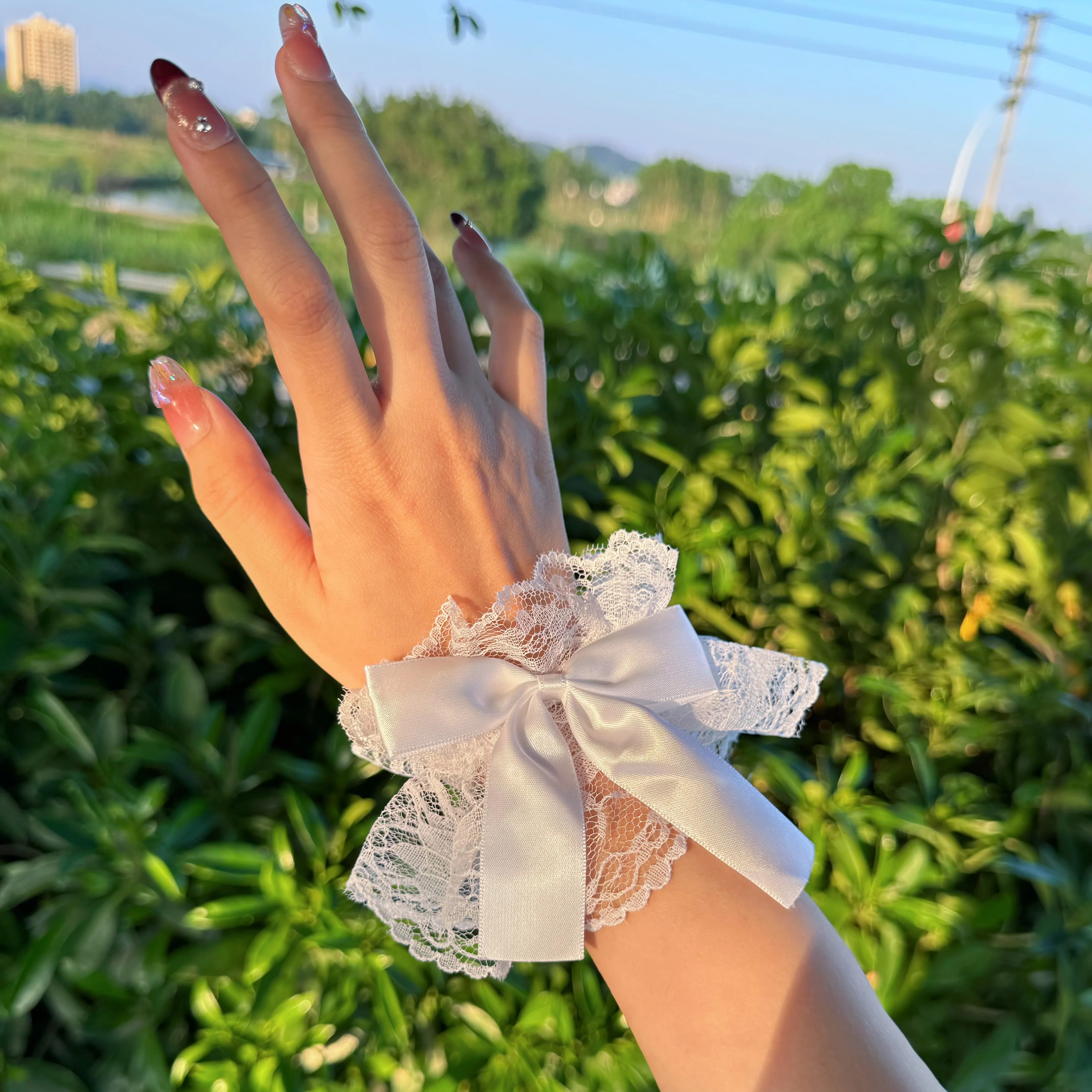Lace Lolita Wrist Cuffs with Ruffle Trim | Close-Up Detail View | Aurora Lolita Lace Lolita Wrist Cuffs with Ruffle Trim - close-up detail view for Classic / Sweet Lolita coords