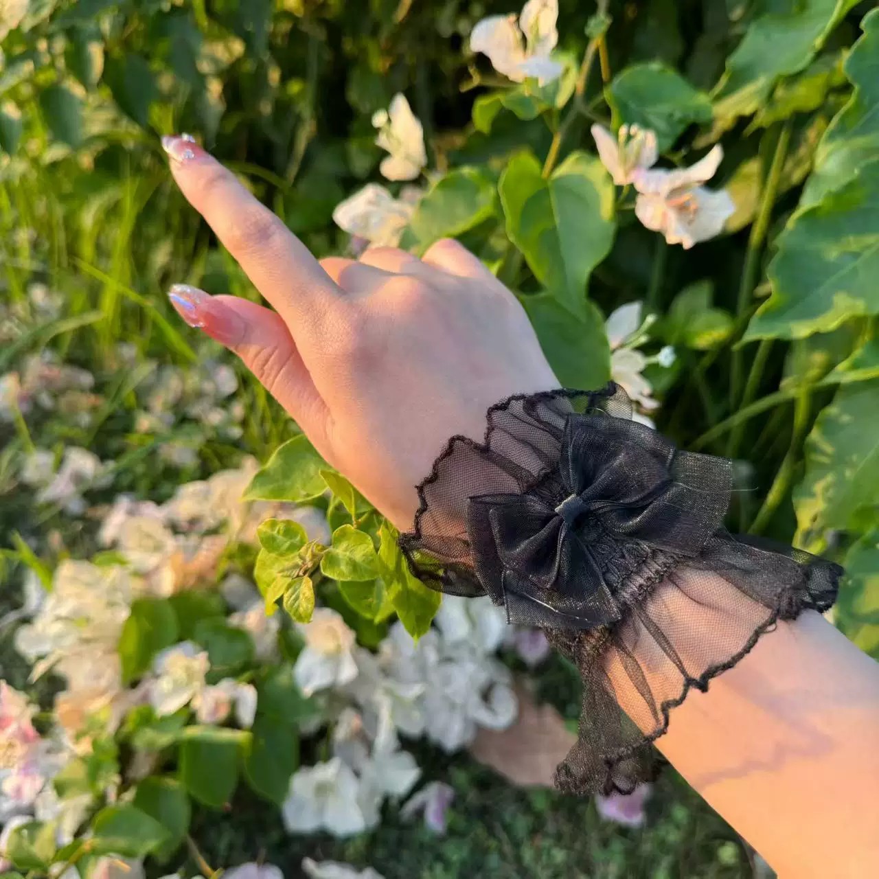 Lace Lolita Wrist Cuffs with Ruffle Trim | Back Or Strap Detail View | Aurora Lolita Lace Lolita Wrist Cuffs with Ruffle Trim - back or strap detail view for Classic / Sweet Lolita coords