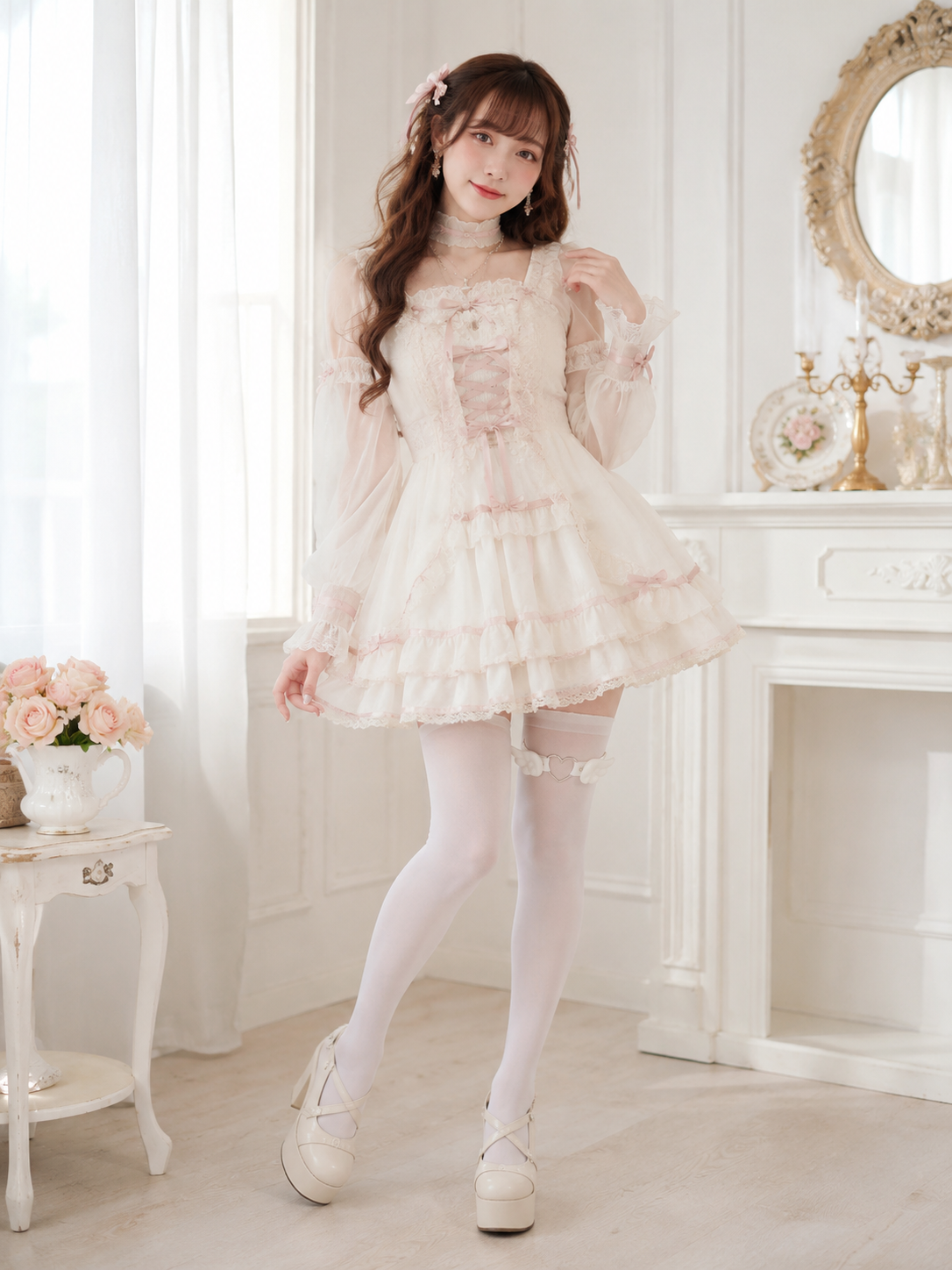 White Bow Lolita Thigh Garter | Front Styling View | Aurora Lolita White Bow Lolita Thigh Garter - front styling view for Sweet / Bridal Lolita coords
