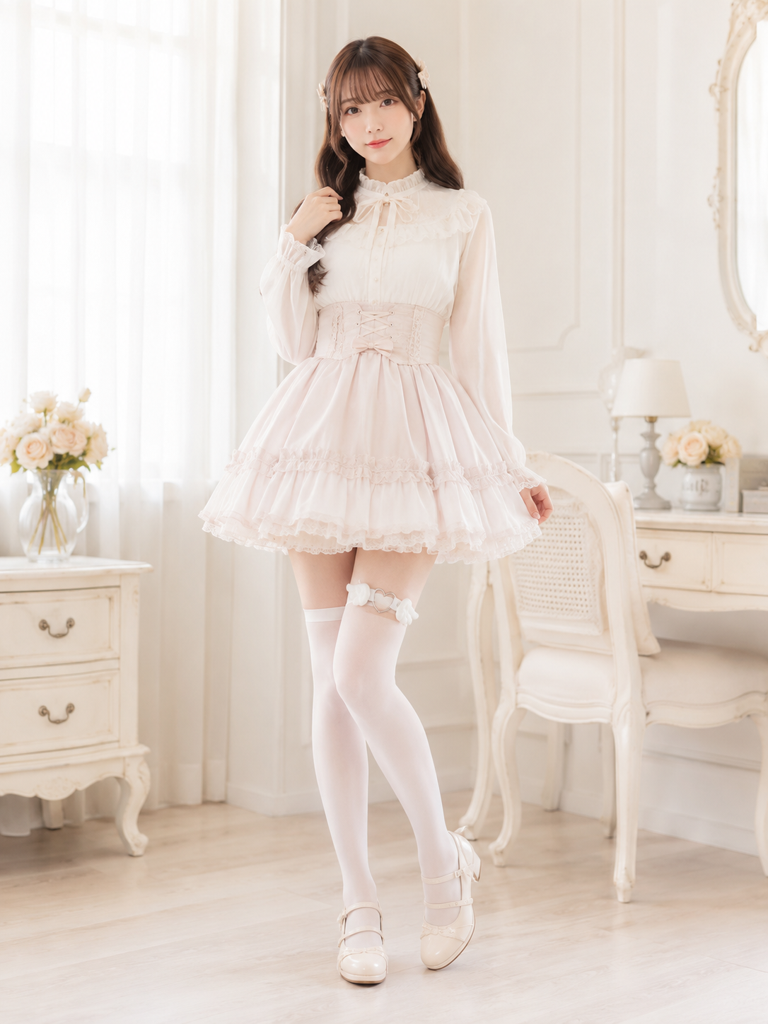 White Bow Lolita Thigh Garter | Close-Up Detail View | Aurora Lolita White Bow Lolita Thigh Garter - close-up detail view for Sweet / Bridal Lolita coords