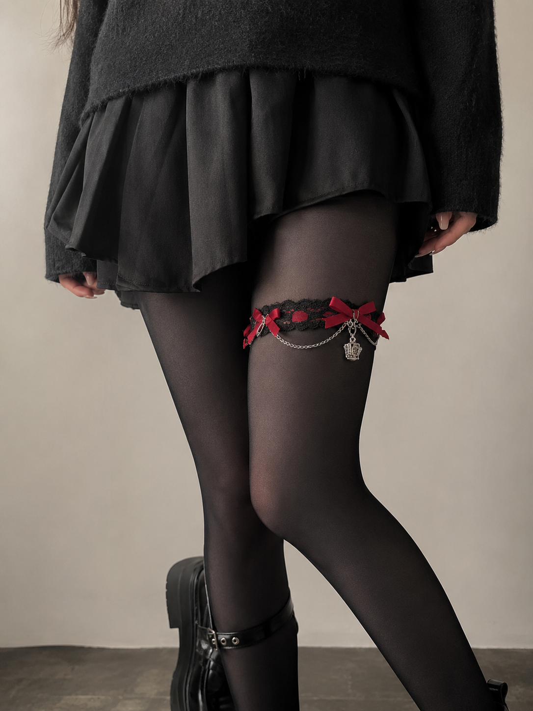 Red Rose Black Lolita Thigh Garter | Close-Up Detail View | Aurora Lolita Red Rose Black Lolita Thigh Garter - close-up detail view for Gothic / Romantic Lolita coords