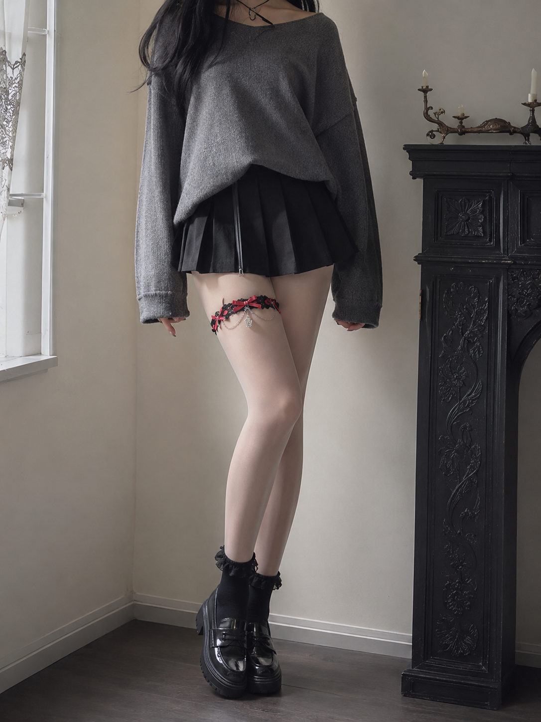 Red Rose Black Lolita Thigh Garter | Wearing Scale View | Aurora Lolita Red Rose Black Lolita Thigh Garter - wearing scale view for Gothic / Romantic Lolita coords