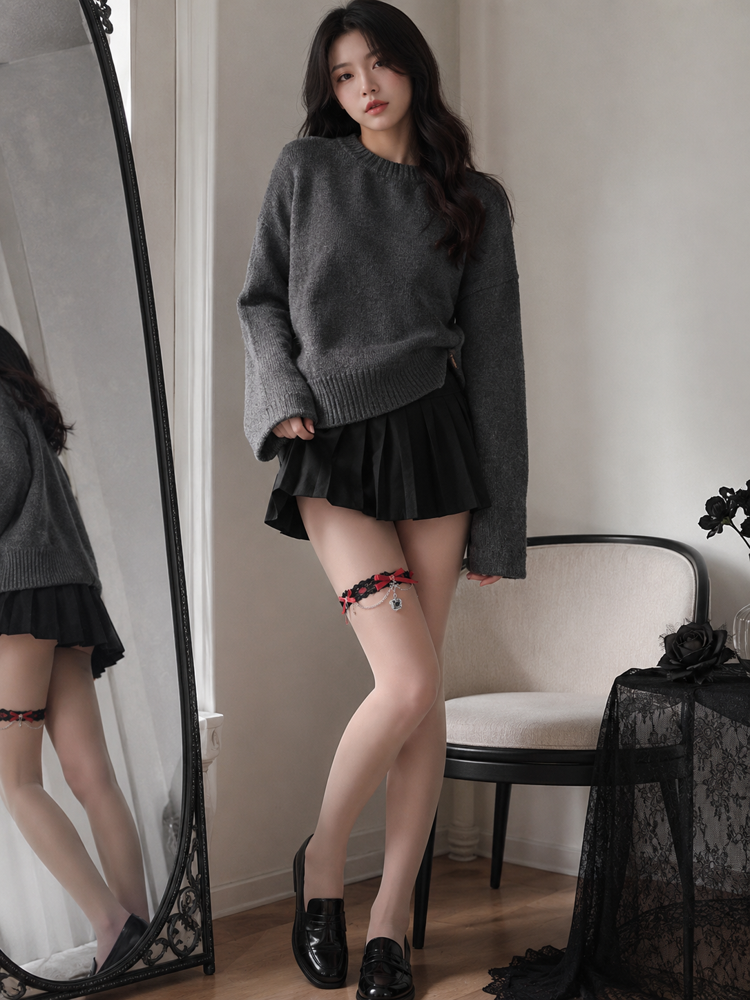 Red Rose Black Lolita Thigh Garter | Lifestyle Coord View | Aurora Lolita Red Rose Black Lolita Thigh Garter - lifestyle coord view for Gothic / Romantic Lolita coords