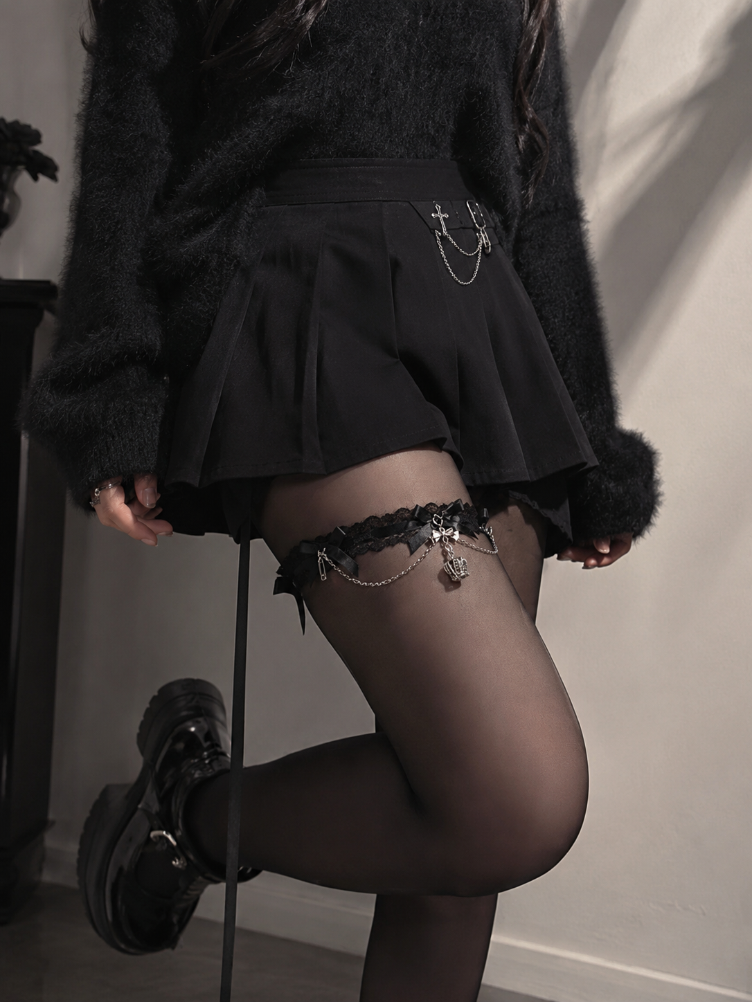 Black Lace Chain Lolita Thigh Garter | Front Styling View | Aurora Lolita Black Lace Chain Lolita Thigh Garter - front styling view for Gothic Lolita coords