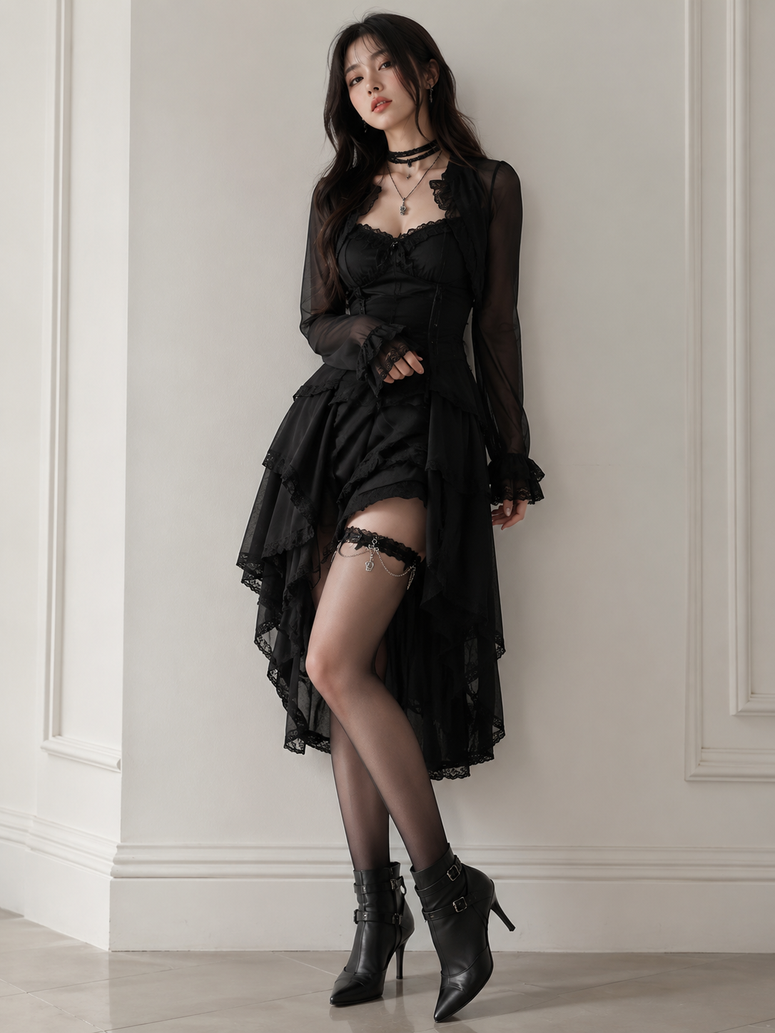 Black Lace Chain Lolita Thigh Garter | Close-Up Detail View | Aurora Lolita Black Lace Chain Lolita Thigh Garter - close-up detail view for Gothic Lolita coords