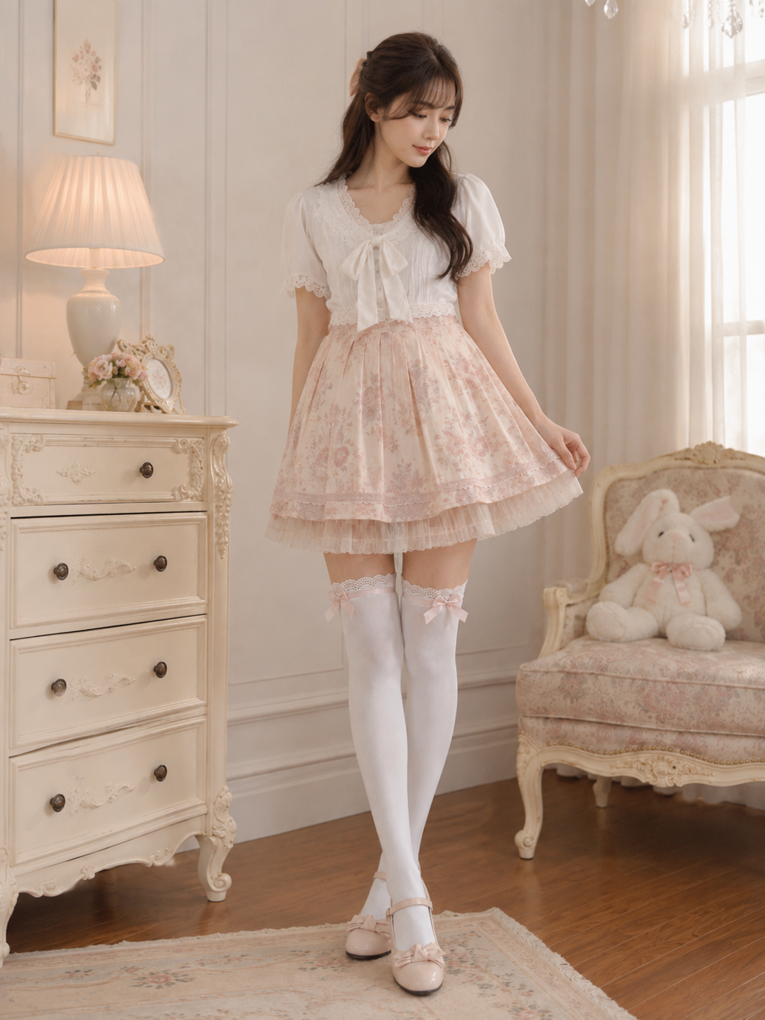 Pink Trim White Lolita Thigh High Socks - main product view for Sweet Lolita coords