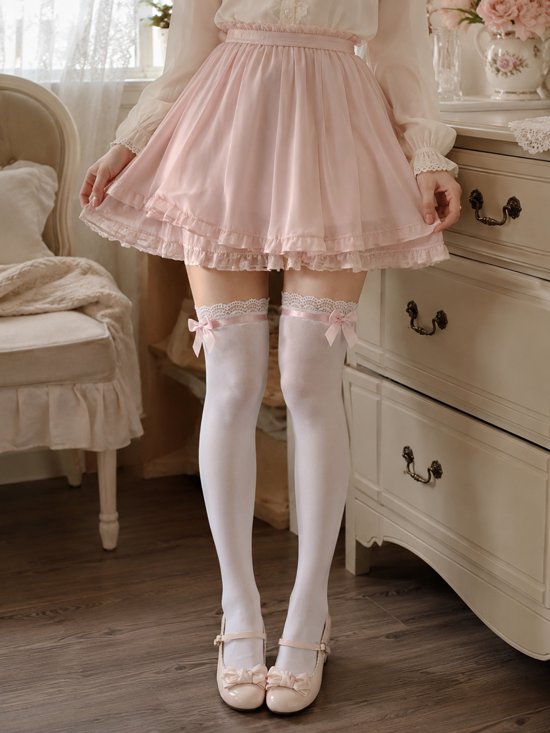 Pink Trim White Lolita Thigh High Socks | Front Styling View | Aurora Lolita Pink Trim White Lolita Thigh High Socks - front styling view for Sweet Lolita coords