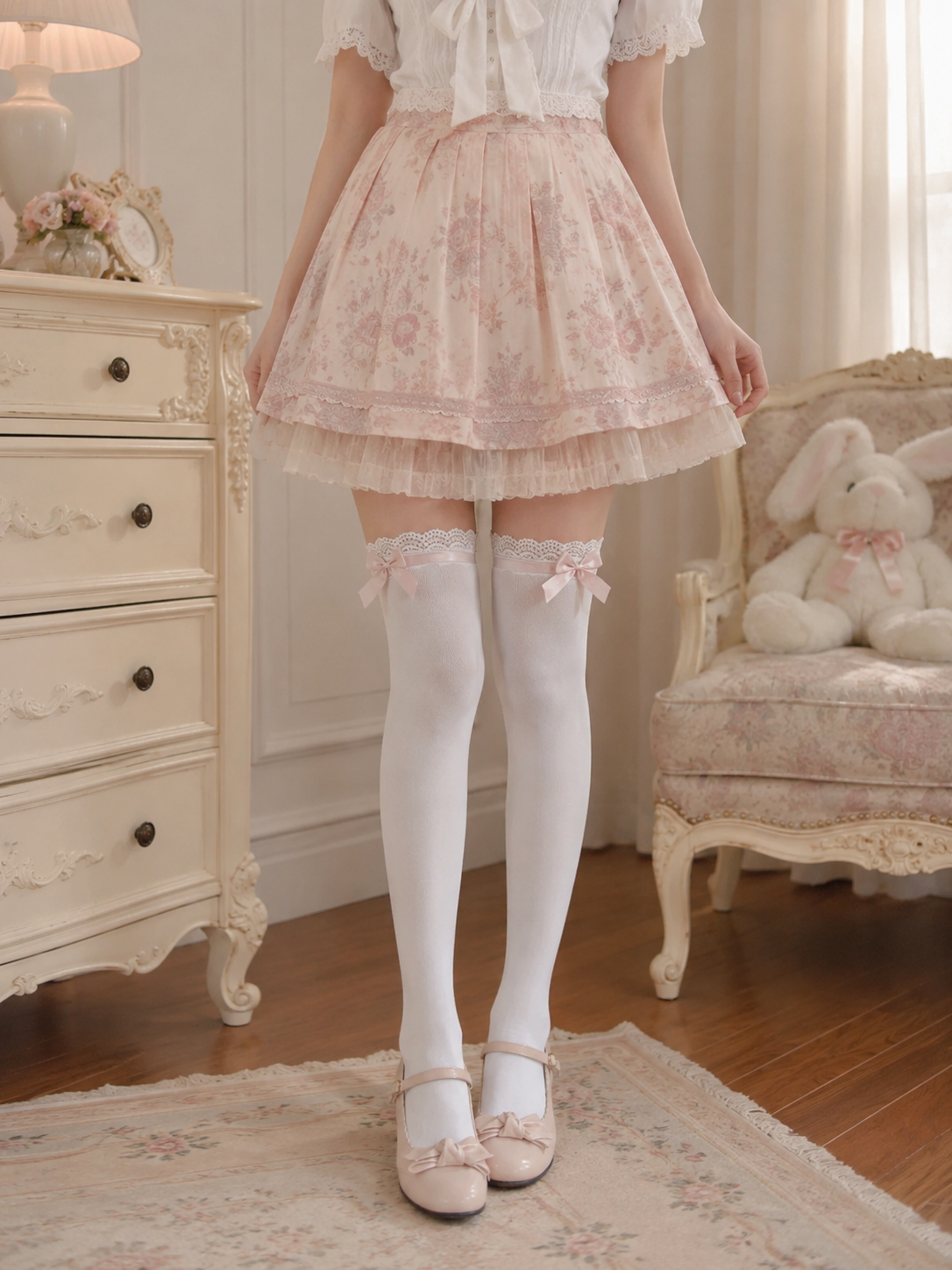 Pink Trim White Lolita Thigh High Socks | Side Angle View | Aurora Lolita Pink Trim White Lolita Thigh High Socks - side angle view for Sweet Lolita coords