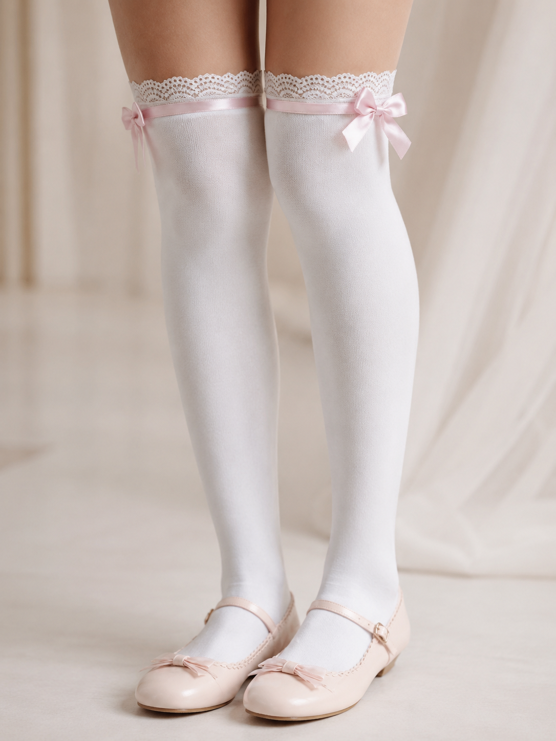 Pink Trim White Lolita Thigh High Socks | Close-Up Detail View | Aurora Lolita Pink Trim White Lolita Thigh High Socks - close-up detail view for Sweet Lolita coords