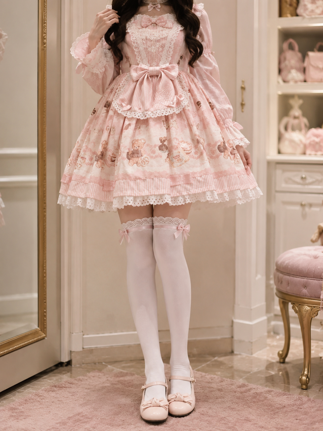 Pink Trim White Lolita Thigh High Socks | Model Coord Styling View | Aurora Lolita Pink Trim White Lolita Thigh High Socks - model coord styling view for Sweet Lolita coords