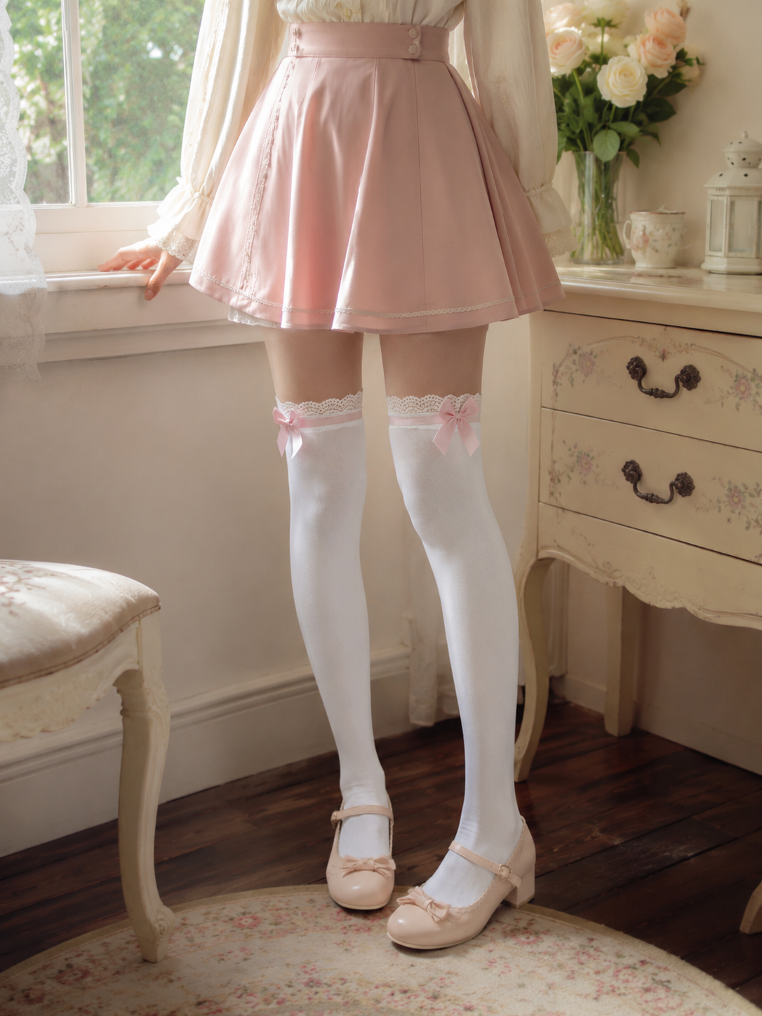 Pink Trim White Lolita Thigh High Socks | Texture And Trim Detail View | Aurora Lolita Pink Trim White Lolita Thigh High Socks - texture and trim detail view for Sweet Lolita coords