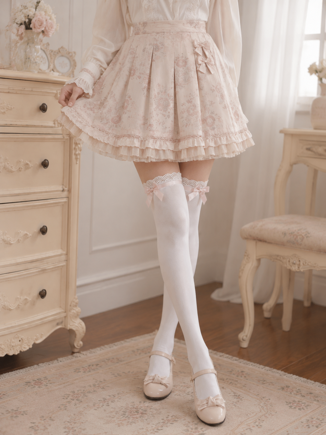 Pink Trim White Lolita Thigh High Socks | Wearing Scale View | Aurora Lolita Pink Trim White Lolita Thigh High Socks - wearing scale view for Sweet Lolita coords