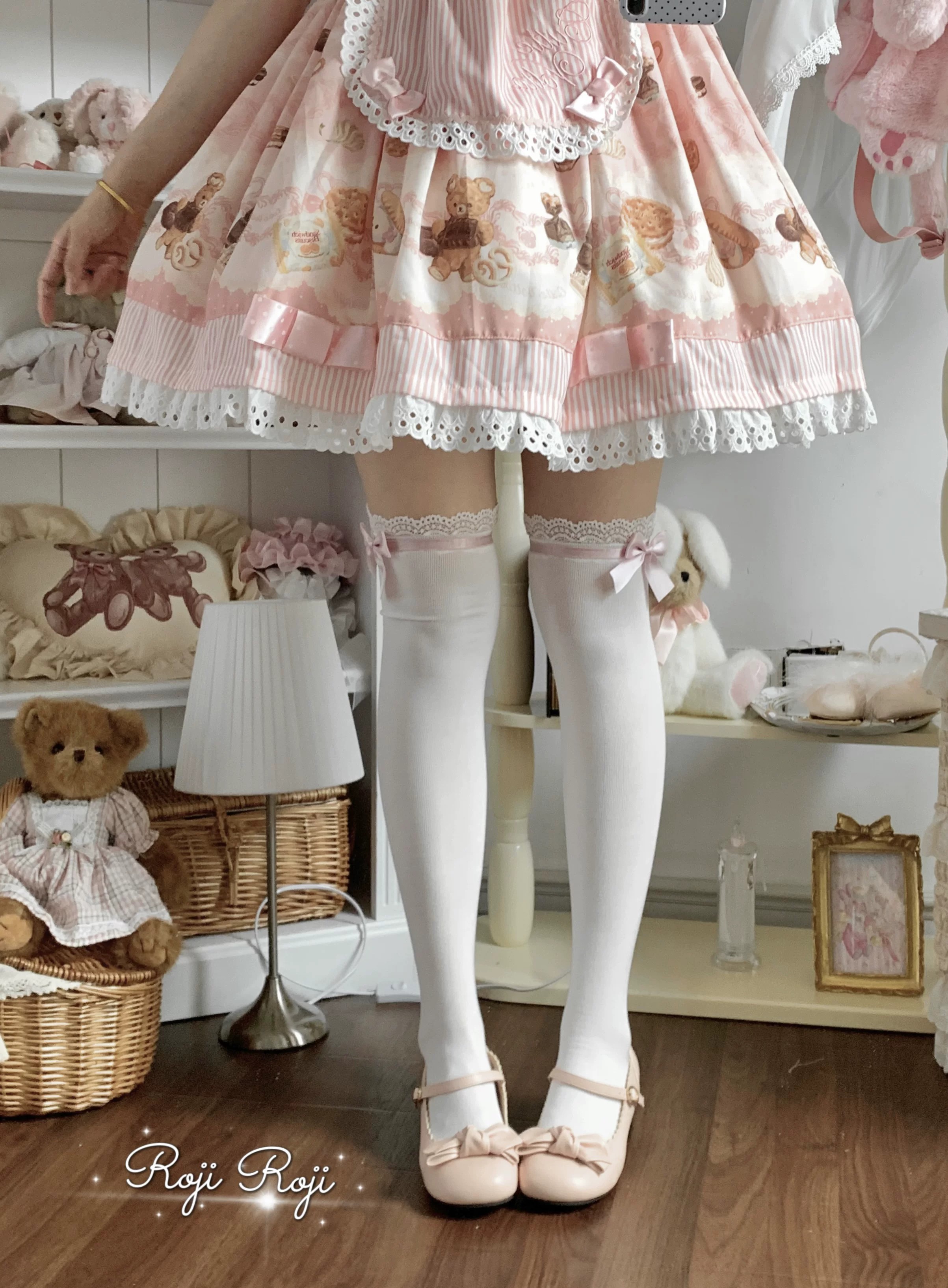 Pink Trim White Lolita Thigh High Socks | Lifestyle Coord View | Aurora Lolita Pink Trim White Lolita Thigh High Socks - lifestyle coord view for Sweet Lolita coords