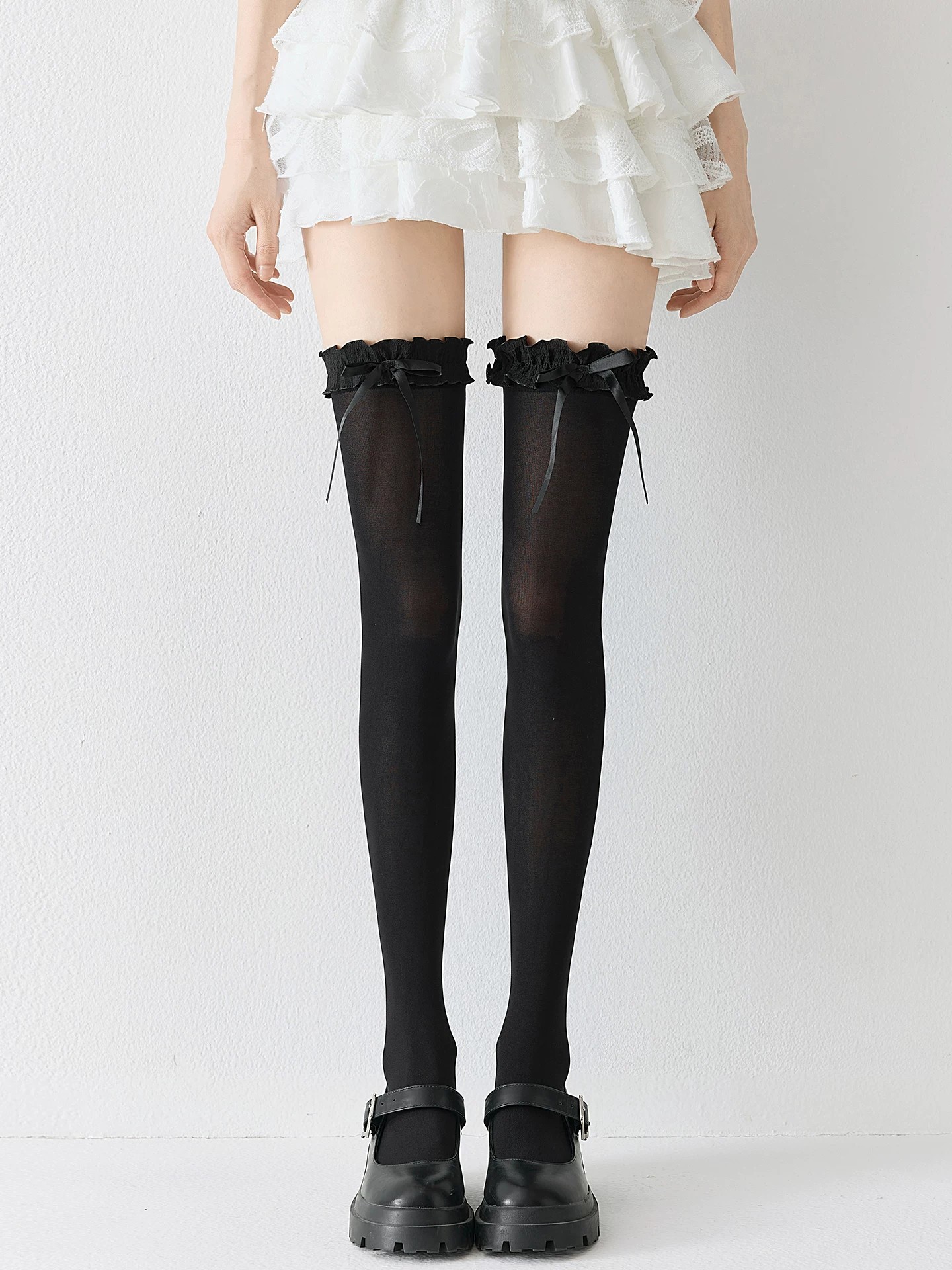 Black Over Knee Lolita Socks | Alternate Gallery View | Aurora Lolita Black Over Knee Lolita Socks - alternate gallery view for Gothic / Classic Lolita coords