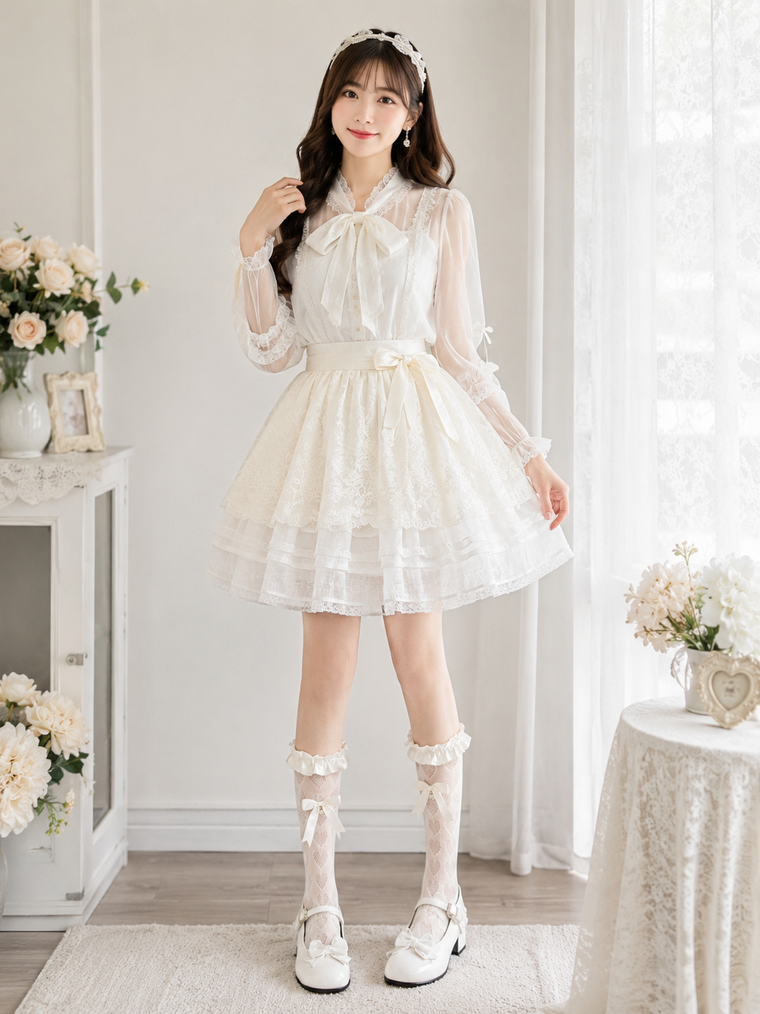 White Ruffle Lolita Ankle Socks | Fabric And Lace Close-Up | Aurora Lolita White Ruffle Lolita Ankle Socks - fabric and lace close-up for Sweet / Classic Lolita coords