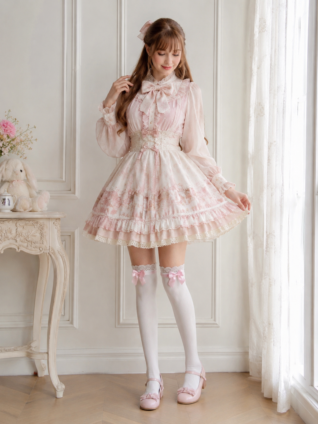 White Over Knee Lolita Socks with Pink Bow | Close-Up Detail View | Aurora Lolita White Over Knee Lolita Socks with Pink Bow - close-up detail view for Sweet Lolita coords