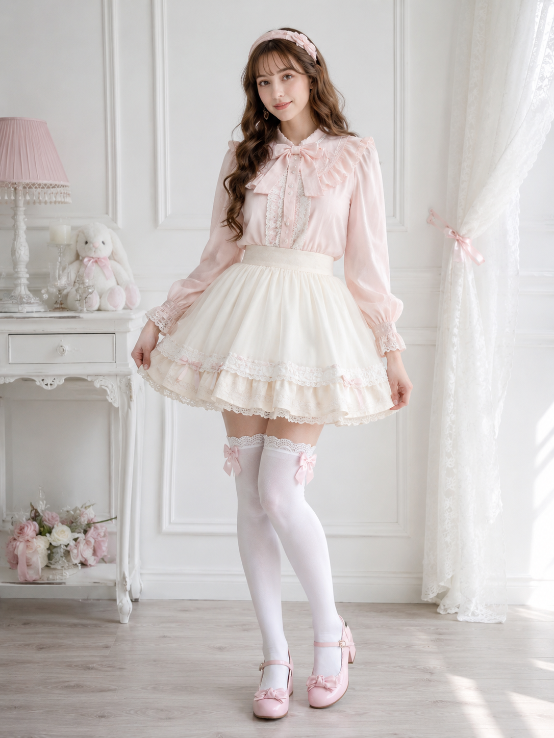 White Over Knee Lolita Socks with Pink Bow | Alternate Gallery View | Aurora Lolita White Over Knee Lolita Socks with Pink Bow - alternate gallery view for Sweet Lolita coords