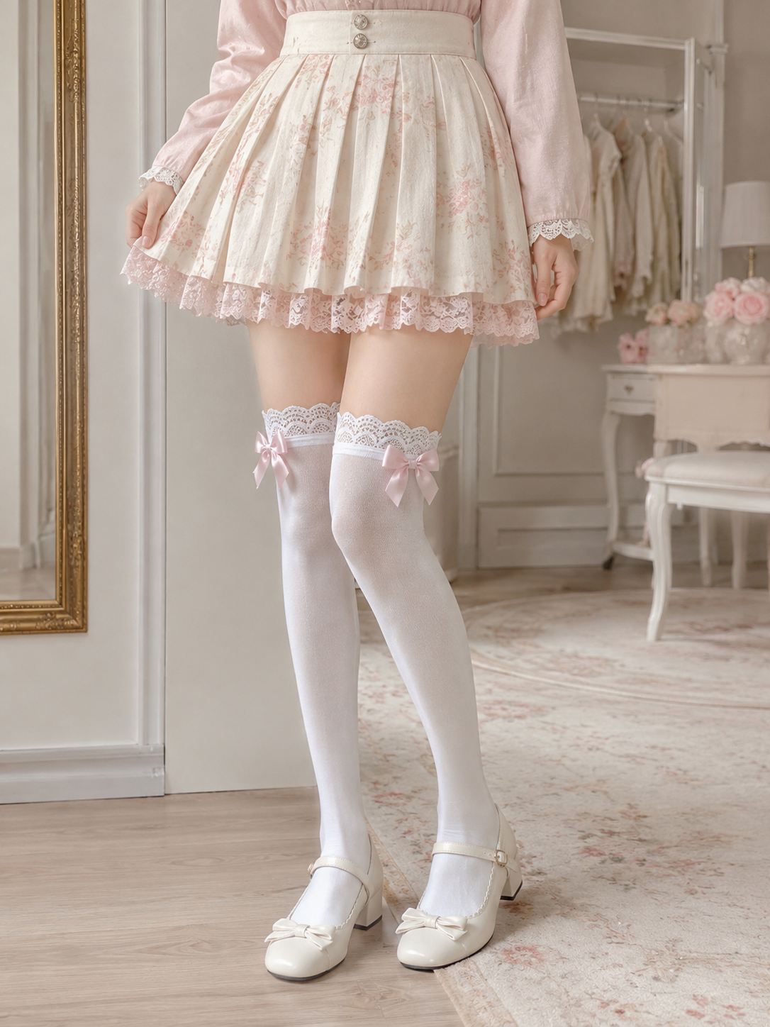 White Over Knee Lolita Socks with Pink Bow | Wearing Scale View | Aurora Lolita White Over Knee Lolita Socks with Pink Bow - wearing scale view for Sweet Lolita coords