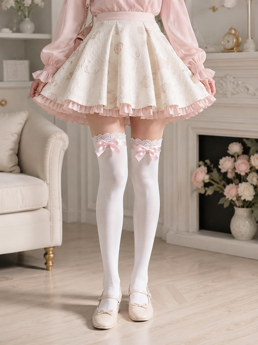 White Over Knee Lolita Socks with Pink Bow | Lifestyle Coord View | Aurora Lolita White Over Knee Lolita Socks with Pink Bow - lifestyle coord view for Sweet Lolita coords
