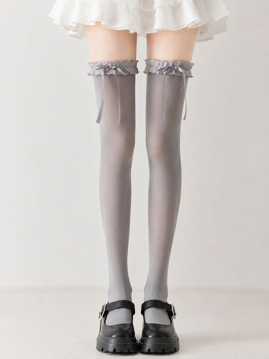 Gray Ribbon Lolita Thigh High Socks - side angle view for Classic / School Lolita coords