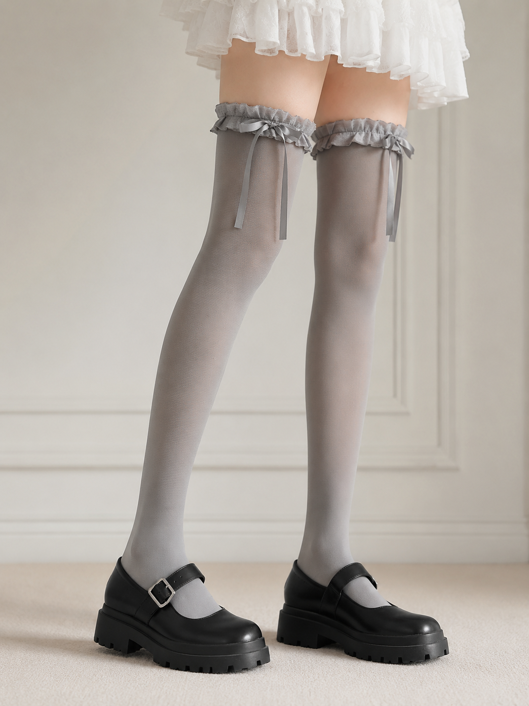 Gray Ribbon Lolita Thigh High Socks - model coord styling view for Classic / School Lolita coords