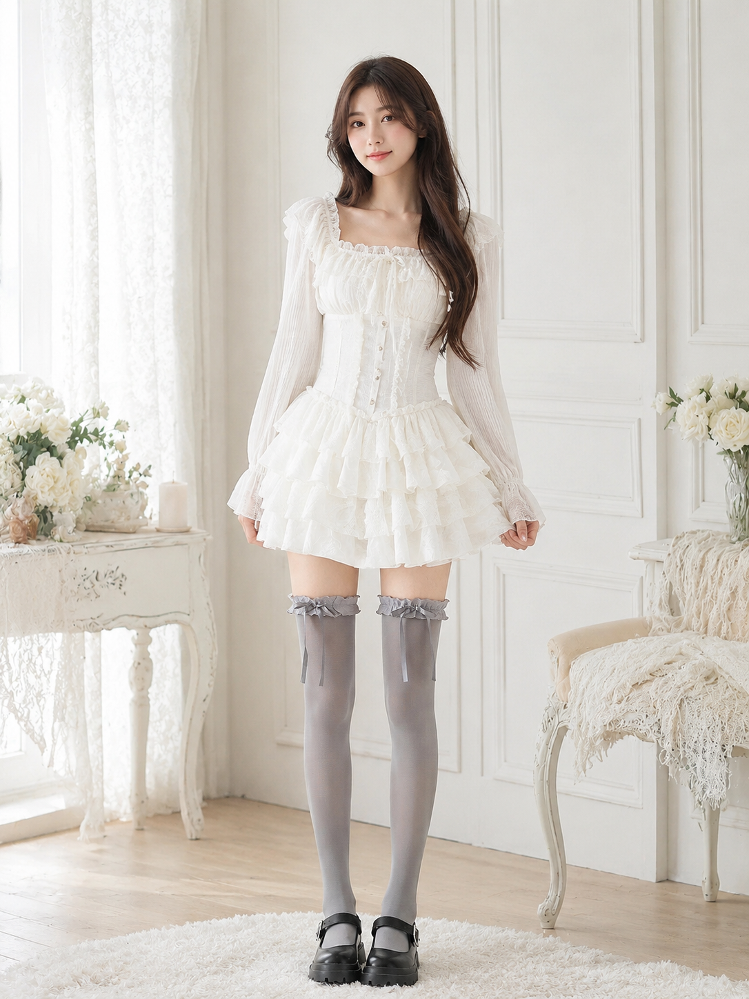 Gray Ribbon Lolita Thigh High Socks - back or strap detail view for Classic / School Lolita coords