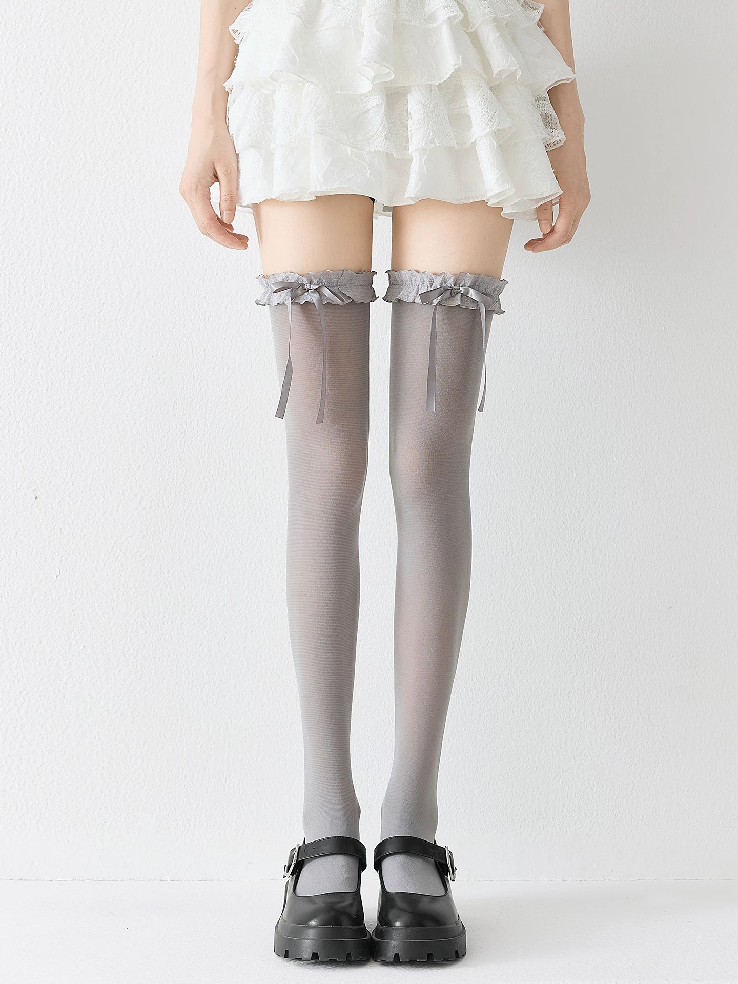 Gray Ribbon Lolita Thigh High Socks - hem or edge detail view for Classic / School Lolita coords