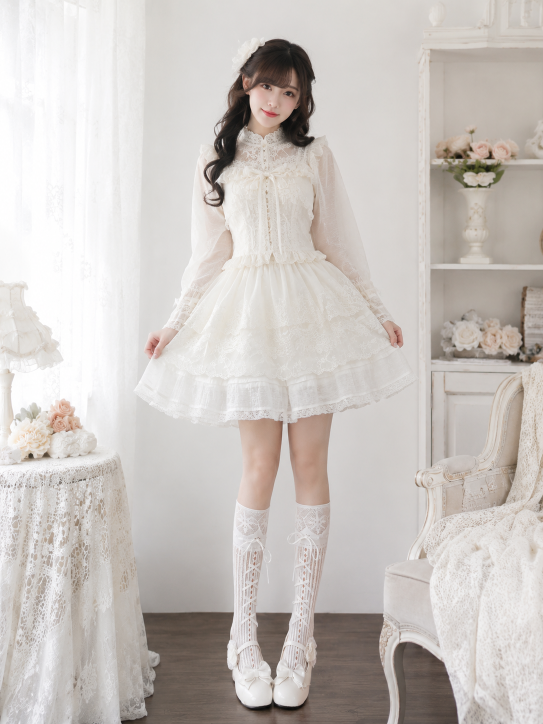 White Lace Lolita Knee High Socks | Side Angle View | Aurora Lolita White Lace Lolita Knee High Socks - side angle view for Classic / Sweet Lolita coords