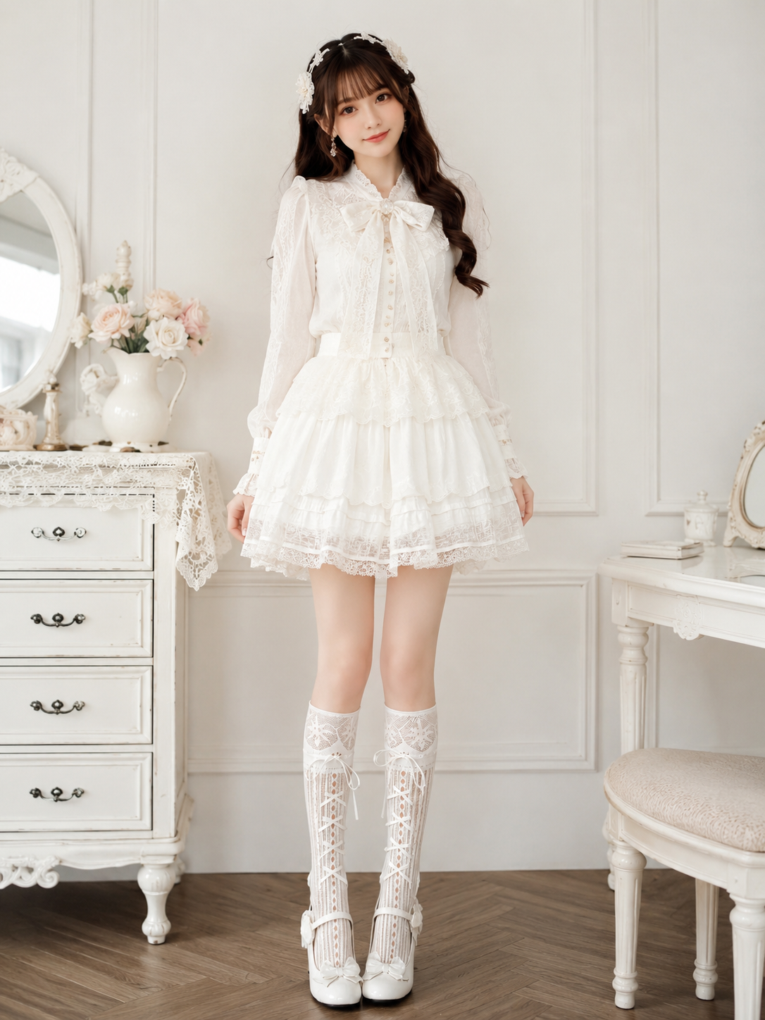 White Lace Lolita Knee High Socks | Close-Up Detail View | Aurora Lolita White Lace Lolita Knee High Socks - close-up detail view for Classic / Sweet Lolita coords