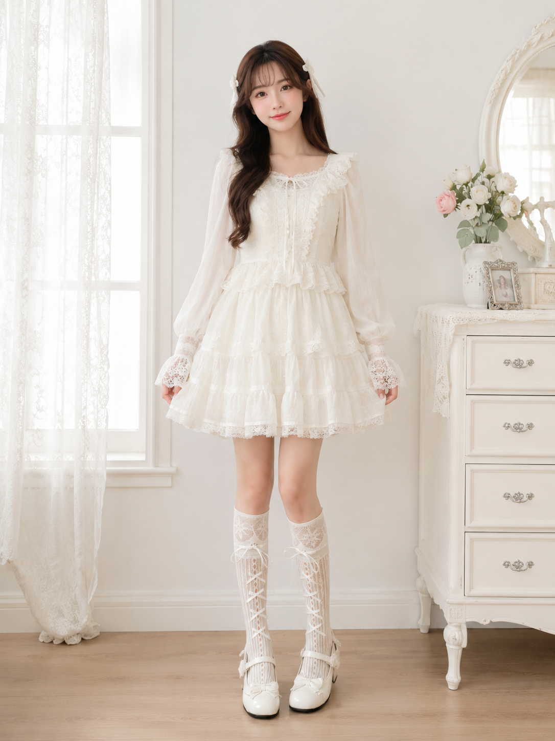 White Lace Lolita Knee High Socks | Texture And Trim Detail View | Aurora Lolita White Lace Lolita Knee High Socks - texture and trim detail view for Classic / Sweet Lolita coords